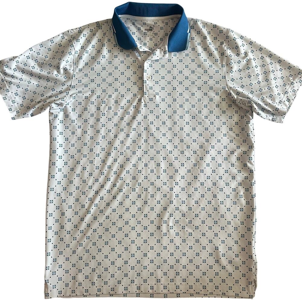 Puma White/Blue Geometric Design, Short Sleeve, Golf Polo- M - Picture 1 of 9